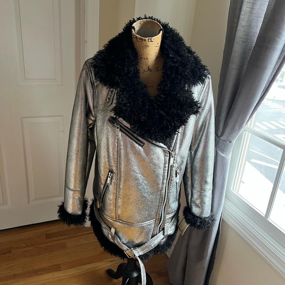 Metallic Silver Faux Shearling Moto Jacket - Women Large